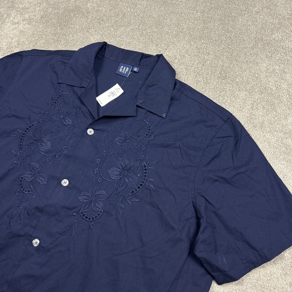 NEW Gap Mens Shirt Size XLT Tall Navy Blue Camp Collar Button Up Embroidered